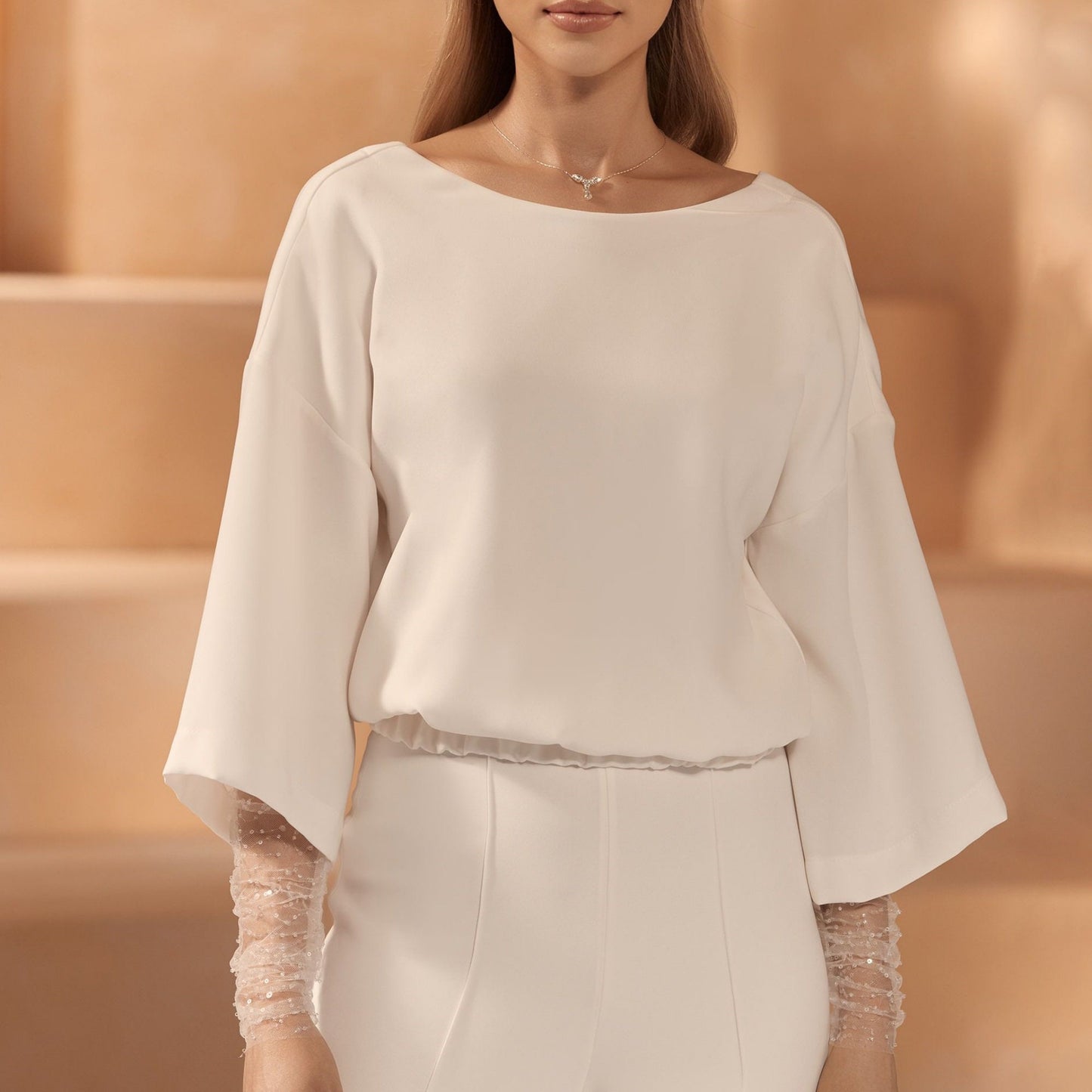 Bolero de novia elegante, Bolero de novia de crepe elástico, Bolero off white de novia, Bolero de novia de manga larga