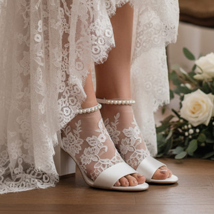 Ivory satin bridal sandals with pearls, adjustable ankle strap, soft gel leather insole, 3 inches