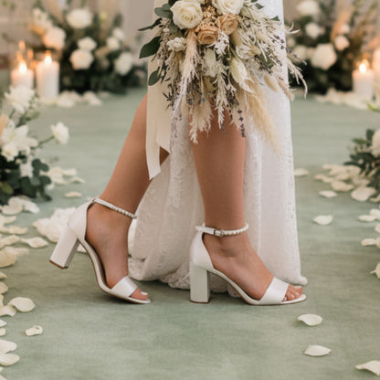 vory satin bridal sandals with pearls, adjustable ankle strap, soft gel leather insole, 3 inches
