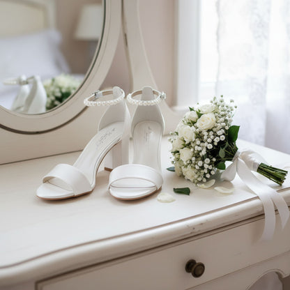 Handcrafted Ivory Satin Wedding Sandals with Pearl Strap & 7.5 cm (2.95 in) Block Heel