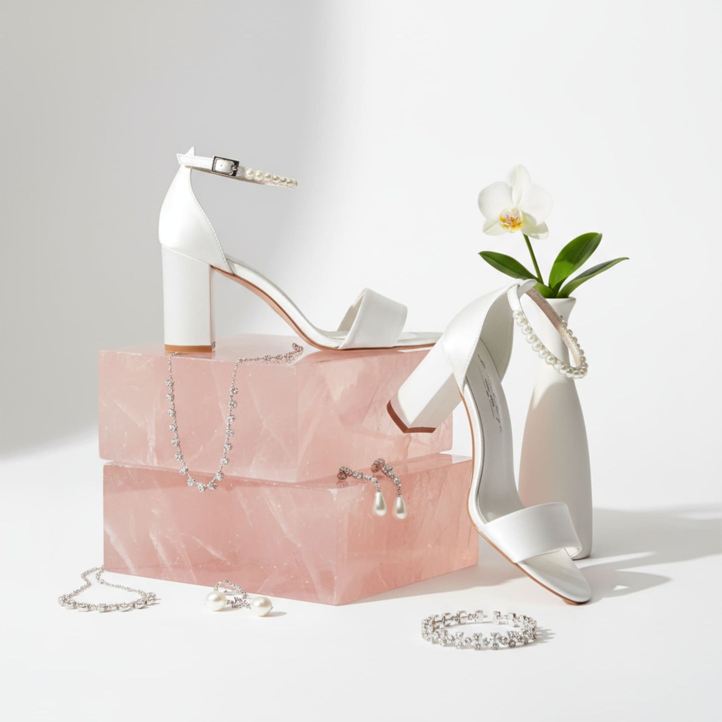 Handcrafted Ivory Satin Wedding Sandals with Pearl Strap & 7.5 cm (2.95 in) Block Heel