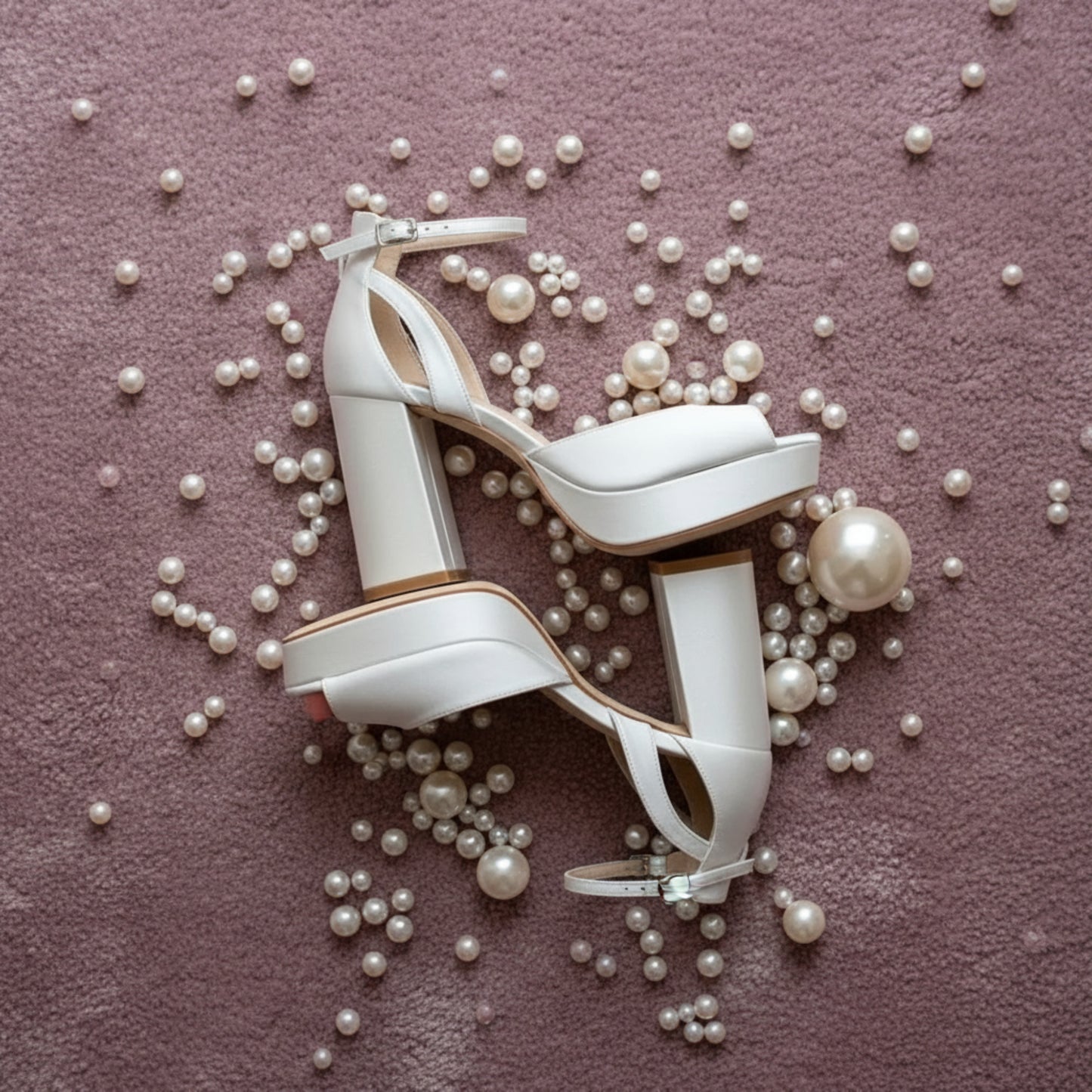 Off-white satin bridal platform heels with 10 cm (3.94 in) block heel, 2 cm (0.79 in) platform, square peep toe, and removable ivory bows