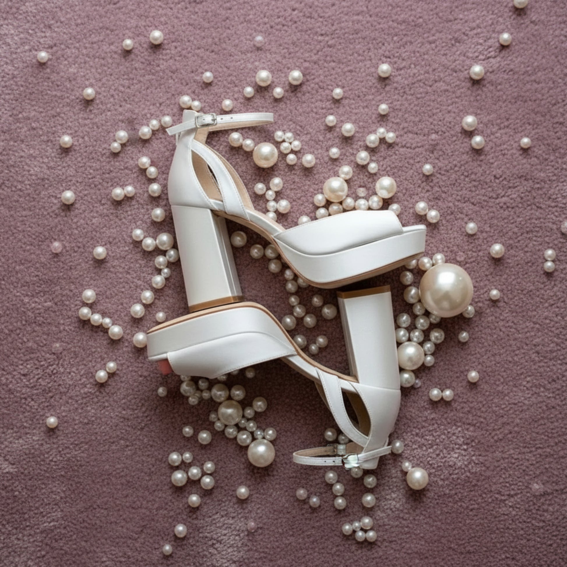 Off-white satin bridal platform heels with 10 cm (3.94 in) block heel, 2 cm (0.79 in) platform, square peep toe, and removable ivory bows