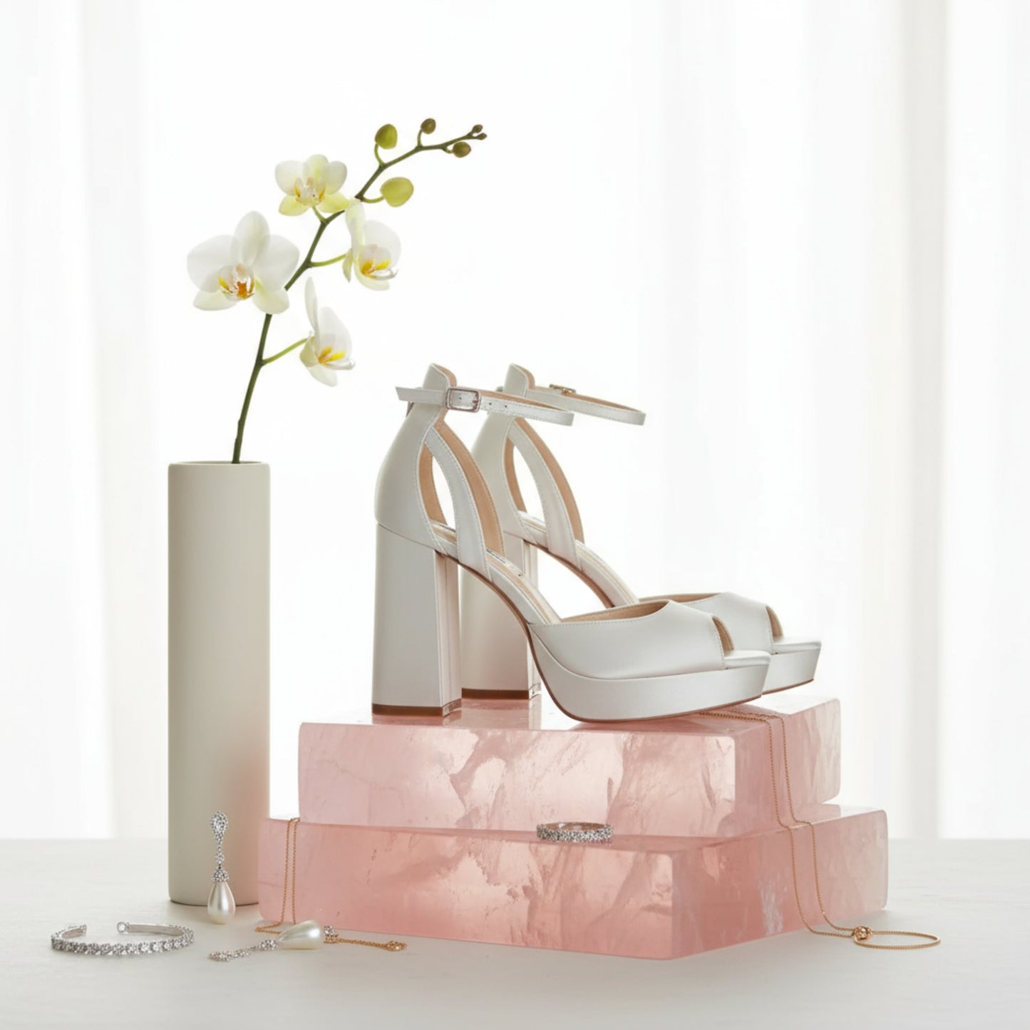 Off-white satin bridal platform heels with 10 cm (3.94 in) block heel, 2 cm (0.79 in) platform, square peep toe, and removable ivory bows