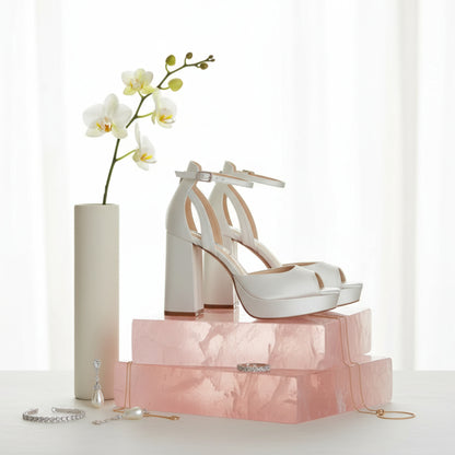 Off-white satin bridal platform heels with 10 cm (3.94 in) block heel, 2 cm (0.79 in) platform, square peep toe, and removable ivory bows
