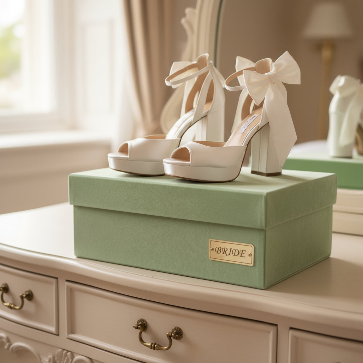 Off-white satin bridal platform heels with 10 cm (3.94 in) block heel, 2 cm (0.79 in) platform, square peep toe, and removable ivory bows