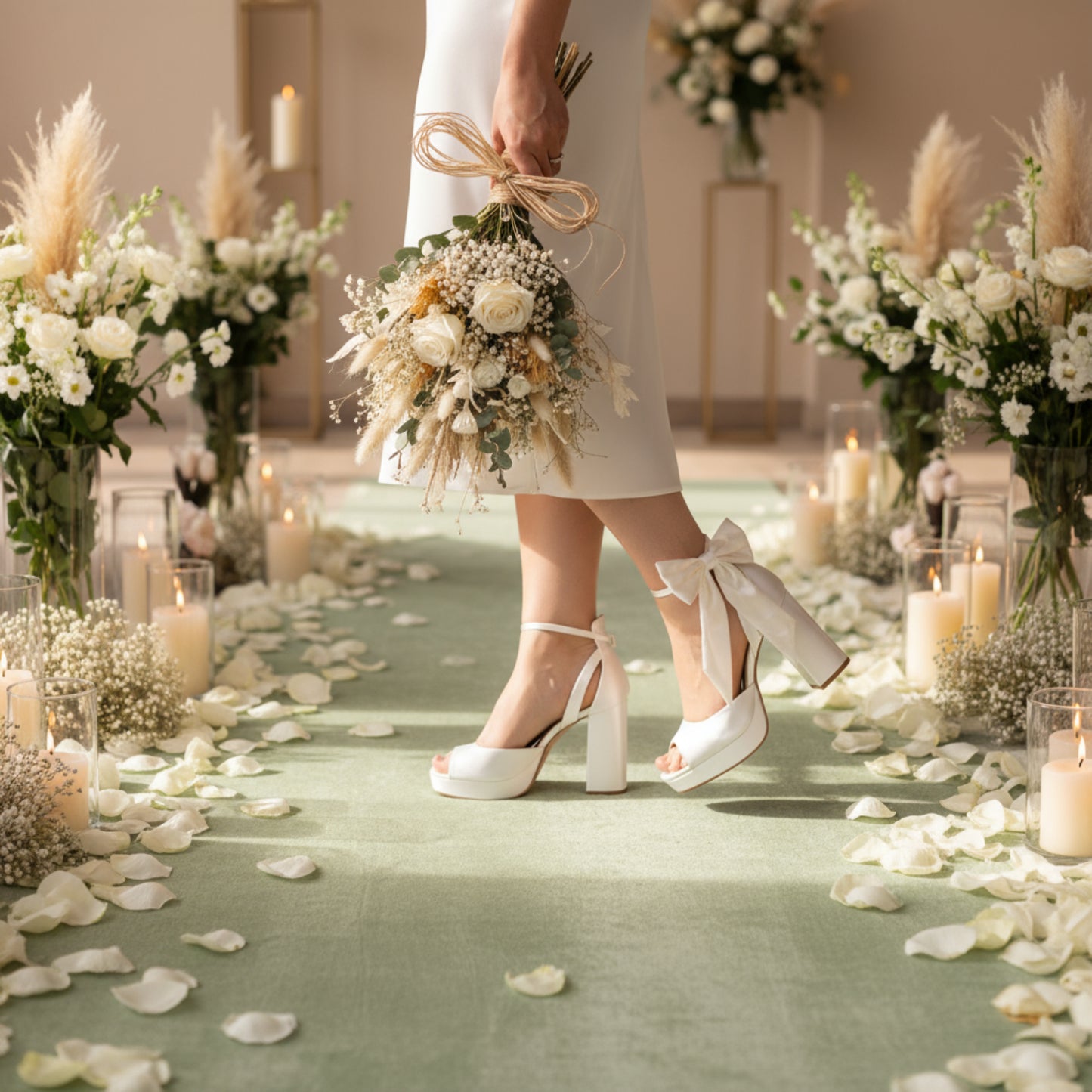 Off-white satin bridal platform heels with 10 cm (3.94 in) block heel, 2 cm (0.79 in) platform, square peep toe, and removable ivory bows