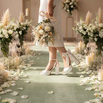 Off-white satin bridal platform heels with 10 cm (3.94 in) block heel, 2 cm (0.79 in) platform, square peep toe, and removable ivory bows