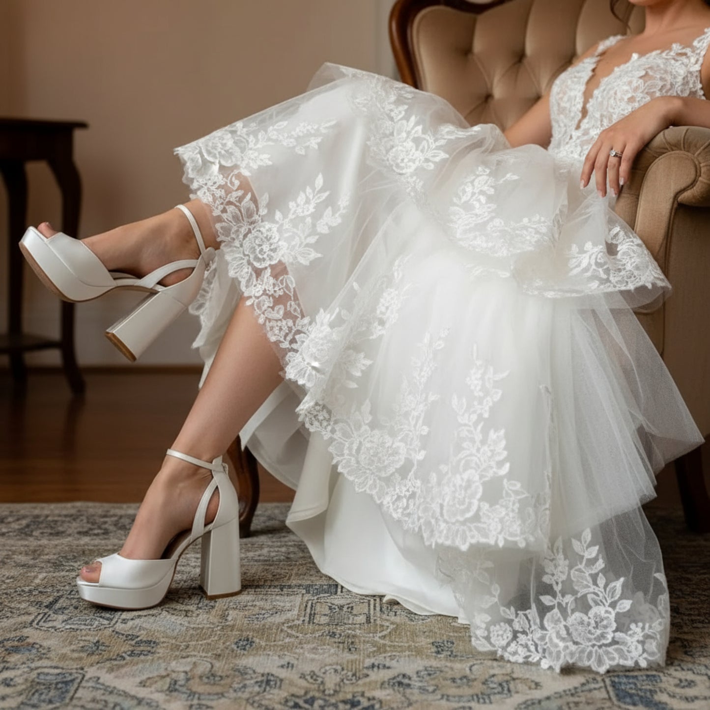 Off-white satin bridal platform heels with 10 cm (3.94 in) block heel, 2 cm (0.79 in) platform, square peep toe, and removable ivory bows