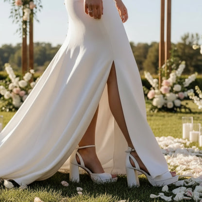 Off-white satin bridal platform heels with 10 cm (3.94 in) block heel, 2 cm (0.79 in) platform, square peep toe, and removable ivory bows
