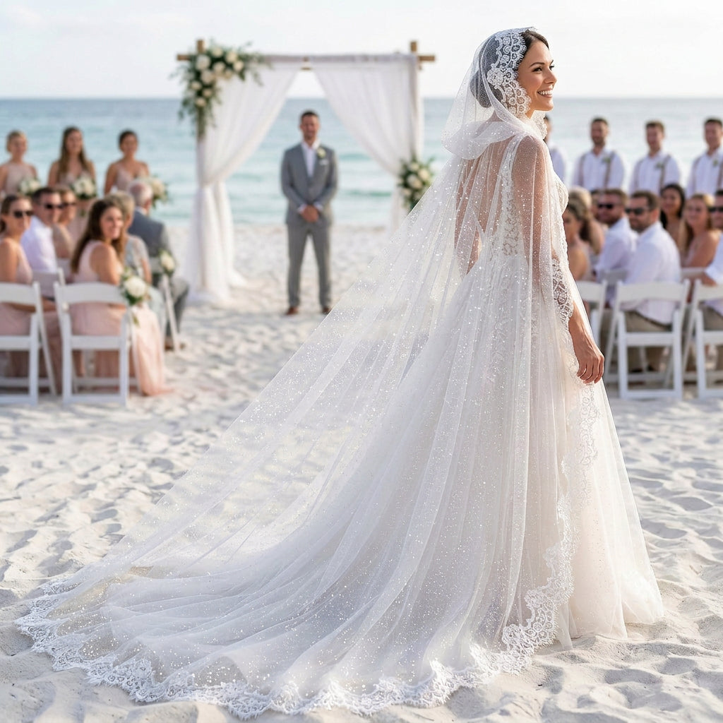 Bridal Cape with Hood and Lace - Sparkle tulle