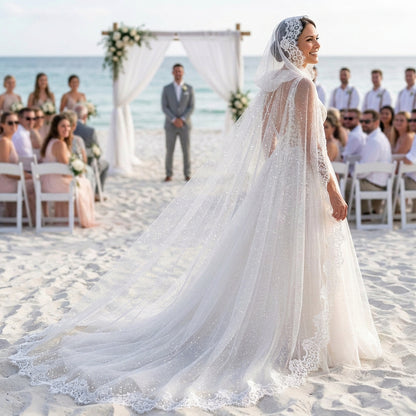 Bridal Cape with Hood and Lace - Sparkle tulle