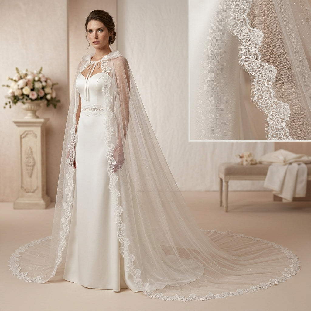 Bridal Cape with Hood and Lace - Sparkle tulle