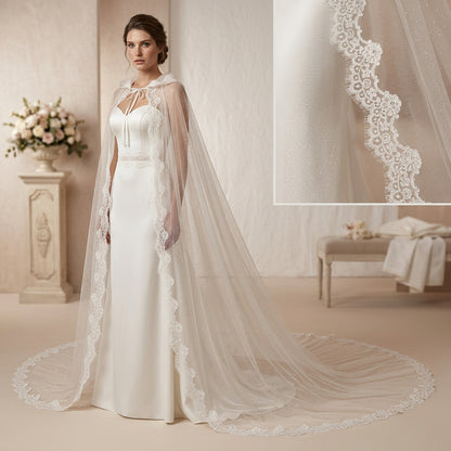 Bridal Cape with Hood and Lace - Sparkle tulle