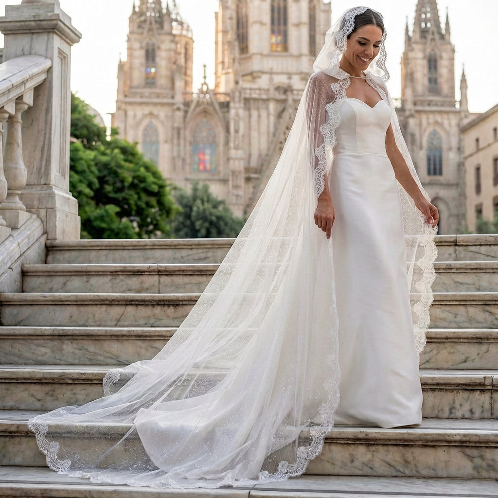 Bridal Cape with Hood and Lace - Sparkle tulle