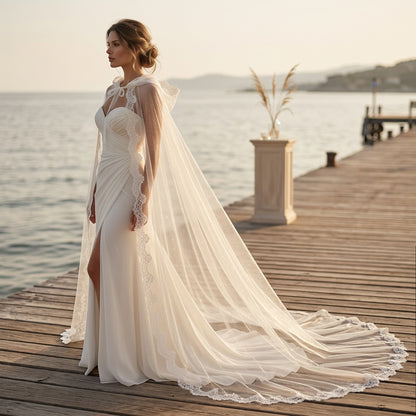 Bridal Cape with Hood and Lace - Sparkle tulle