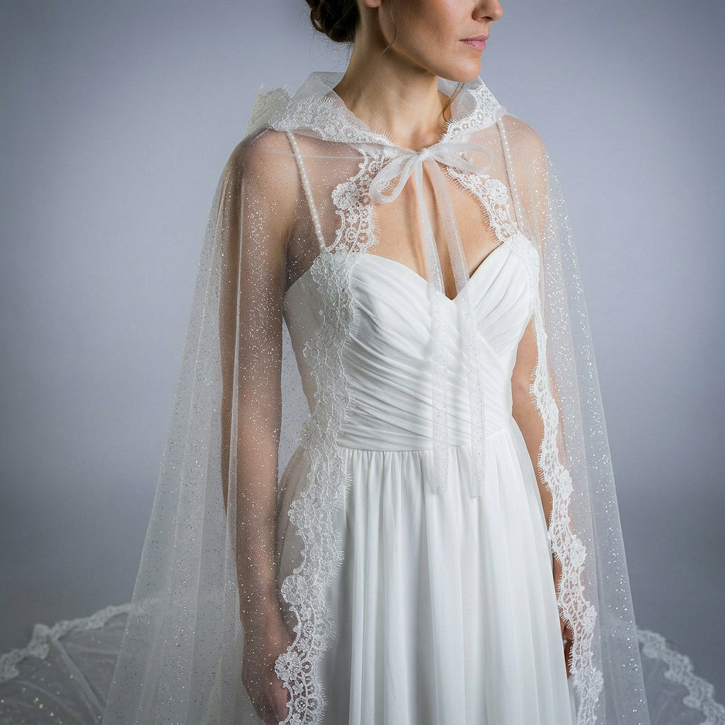 Bridal Cape with Hood and Lace - Sparkle tulle