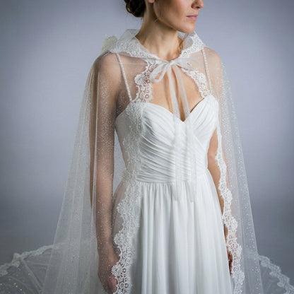 Bridal Cape with Hood and Lace - Sparkle tulle