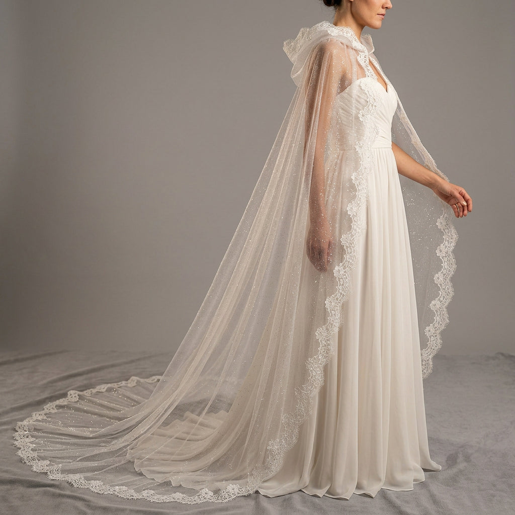 Bridal Cape with Hood and Lace - Sparkle tulle