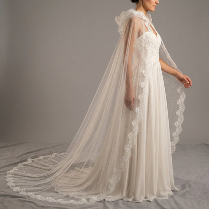 Bridal Cape with Hood and Lace - Sparkle tulle