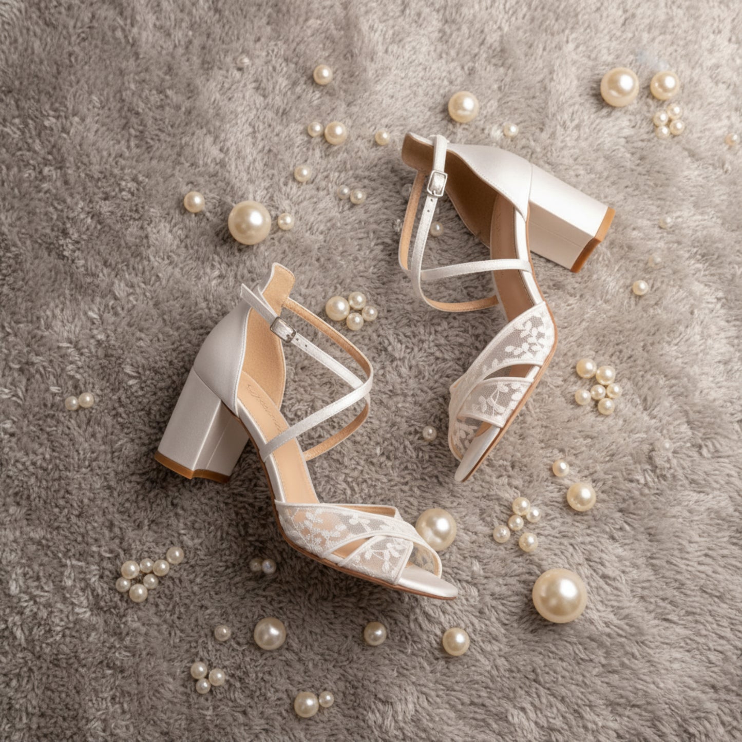 Wedding sandals block heel, Lace strappy wedding sandals