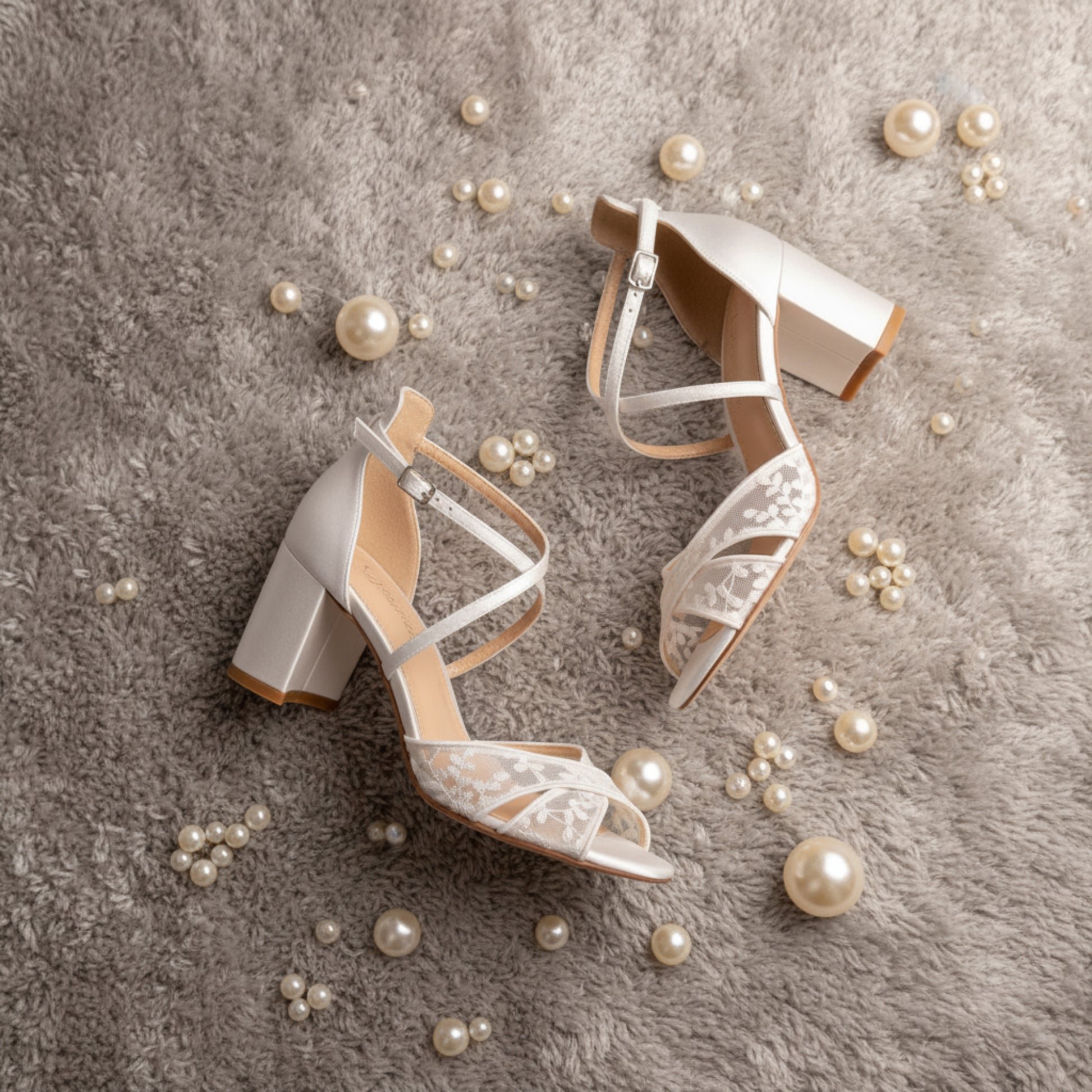 Wedding sandals block heel, Lace strappy wedding sandals