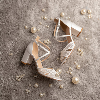 Wedding sandals block heel, Lace strappy wedding sandals
