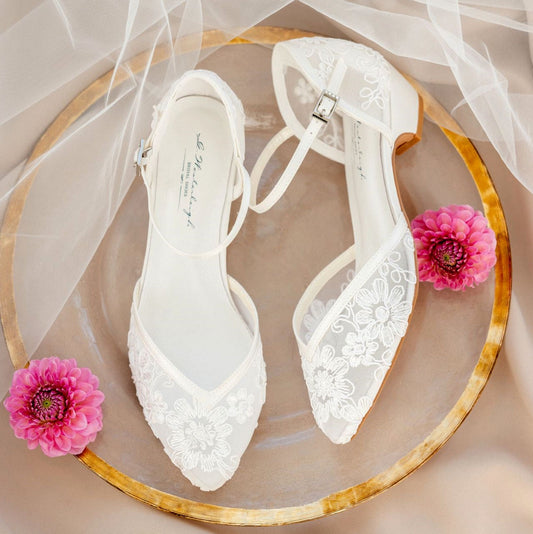 Low-heeled bridal shoes, Flat wedding shoes, Low-heeled bridal shoes, Lace bridal shoes