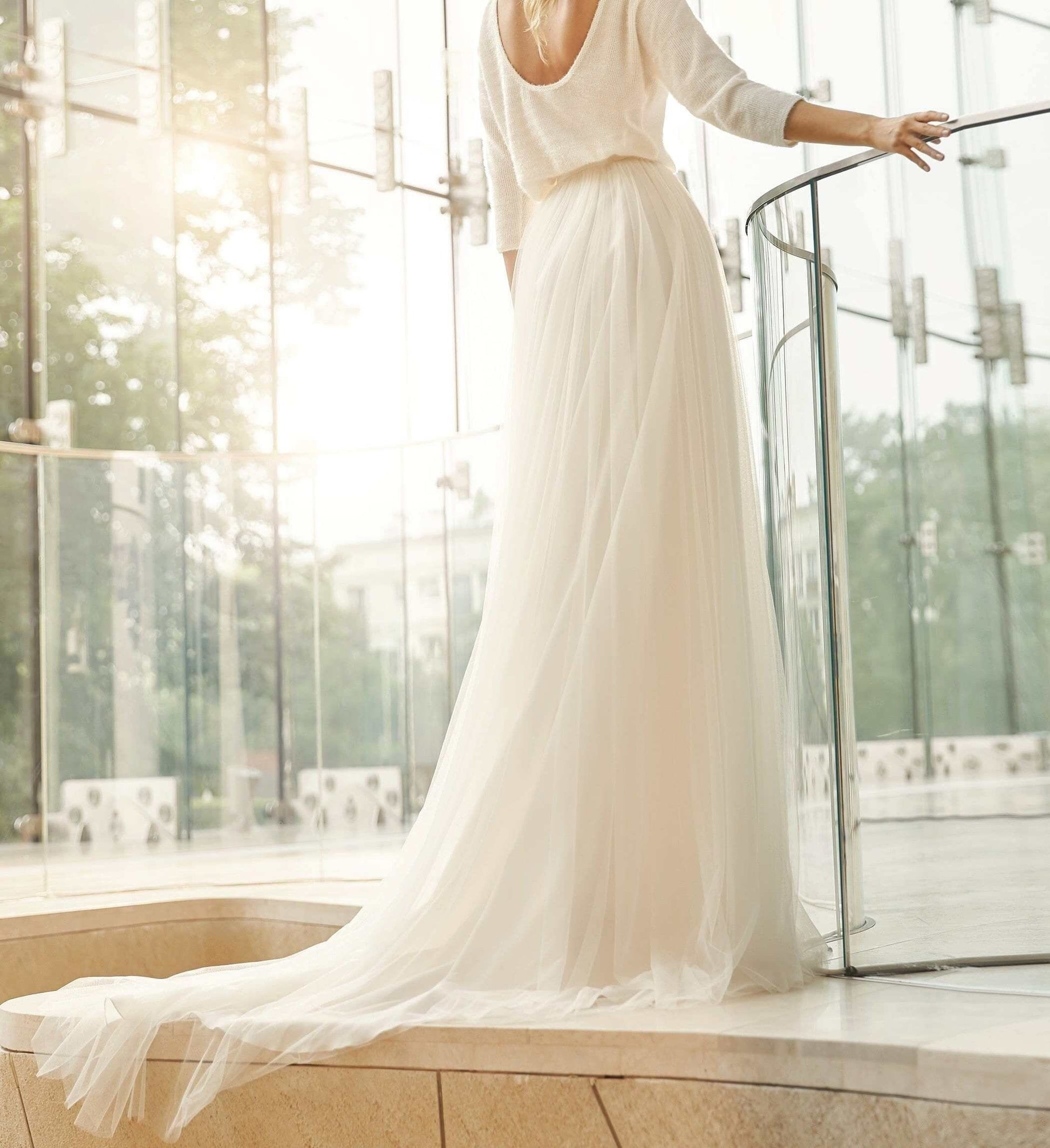 Long lined tulle skirt with a long train for brides in off white