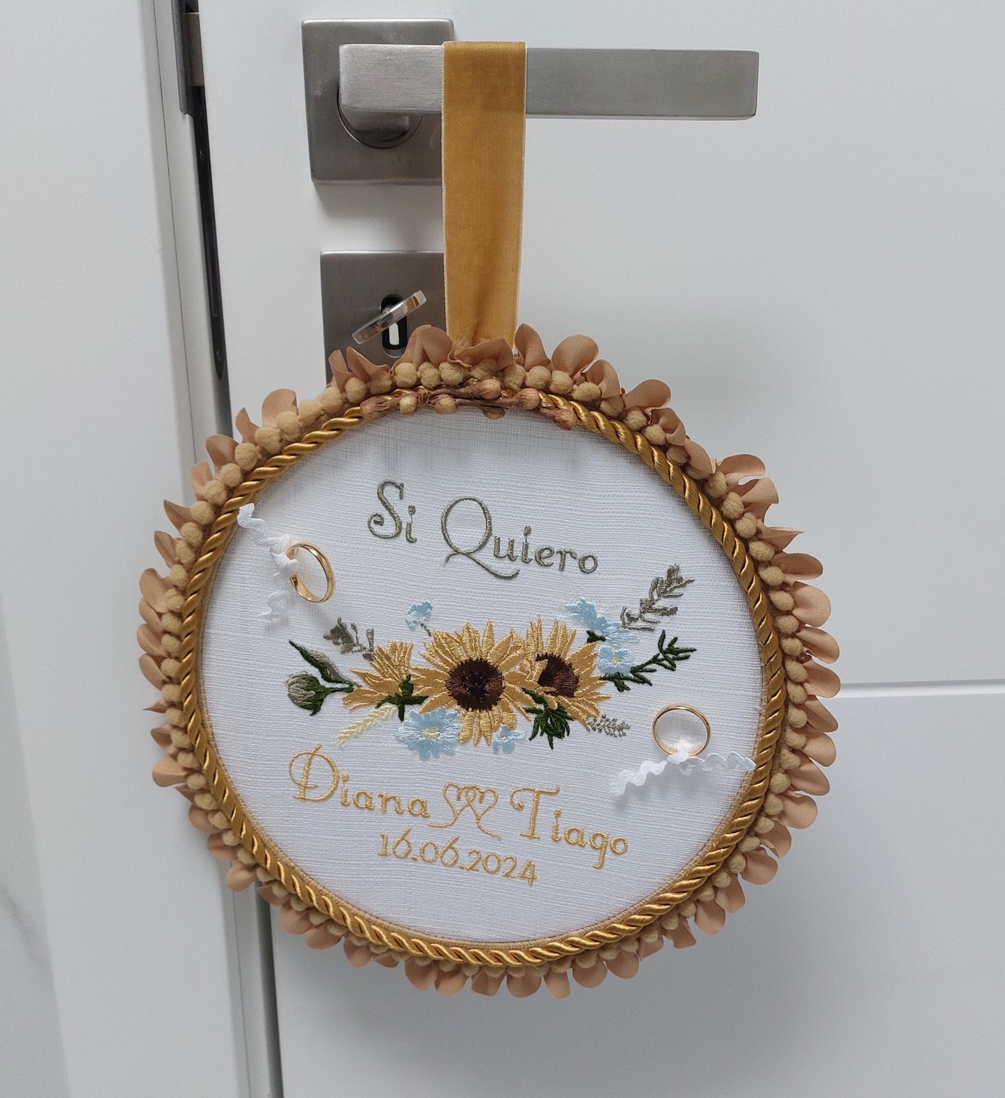 Porta alianzas bordado, Cojin anillos boda, Cojin alianzas personalizado, Decoracion de pared, Regalo madrina de boda, Porta alianzas