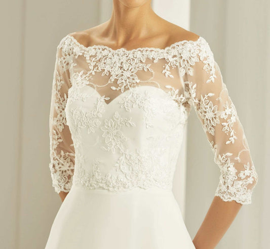 Bolero Nupcial Boho Lace, Chaqueta Novia de Encaje, Funda de Encaje novia, Bolero novia cuello de barco, Top encaje novias