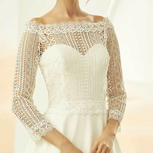 Bolero Nupcial Boho Lace, Chaqueta Novia de Encaje, Funda de Encaje novia, Bolero novia cuello de barco, Top encaje novias