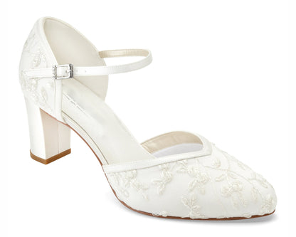 Scarpe da sposa con pizzo, sandali da sposa bianco sporco, scarpe da sposa con tacco a blocco e punta chiusa, sandali da sposa con tacco a blocco, scarpe da sposa con tacco basso