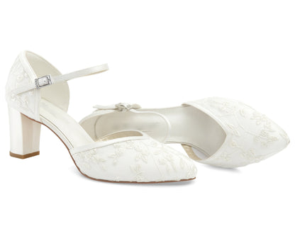 Scarpe da sposa con pizzo, sandali da sposa bianco sporco, scarpe da sposa con tacco a blocco e punta chiusa, sandali da sposa con tacco a blocco, scarpe da sposa con tacco basso