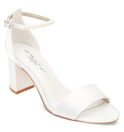 Handcrafted Ivory Satin Wedding Sandals with Pearl Strap & 7.5 cm (2.95 in) Block Heel